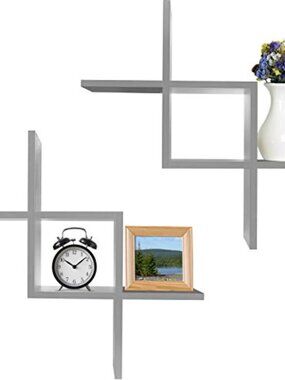New Criss Cross Intersecting Wall Mounted Floating Shelves Gray Finish, 2-Pack